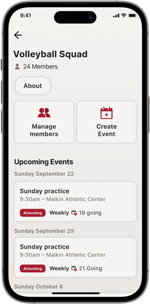 Screenshot of Crimson Zip, example of volleyball squad with upcoming event details