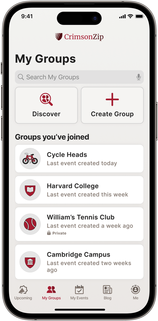Screenshot of Crimson Zip, displaying the My groups page listing the groups you've joined and how to discover or create new groups