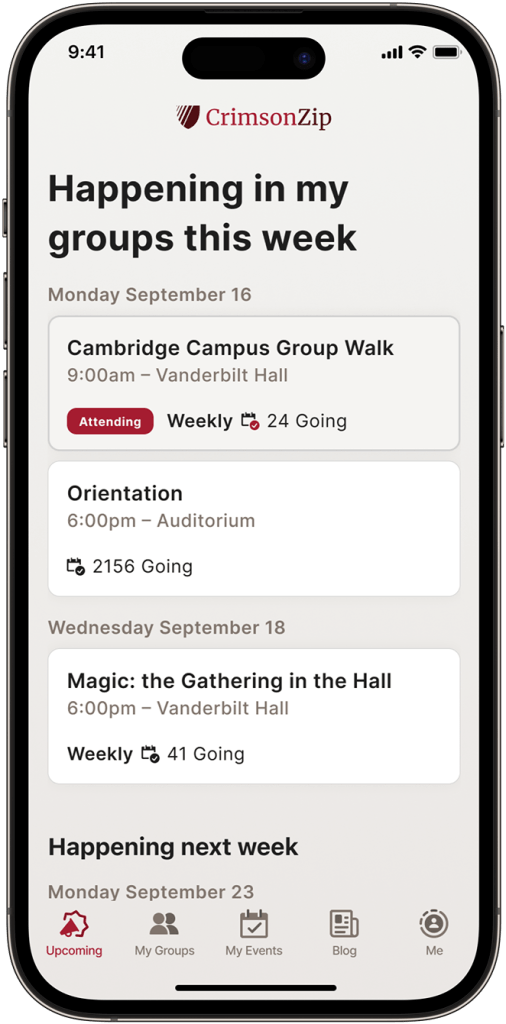 Screenshot of Crimson Zip, happenings in my groups this week