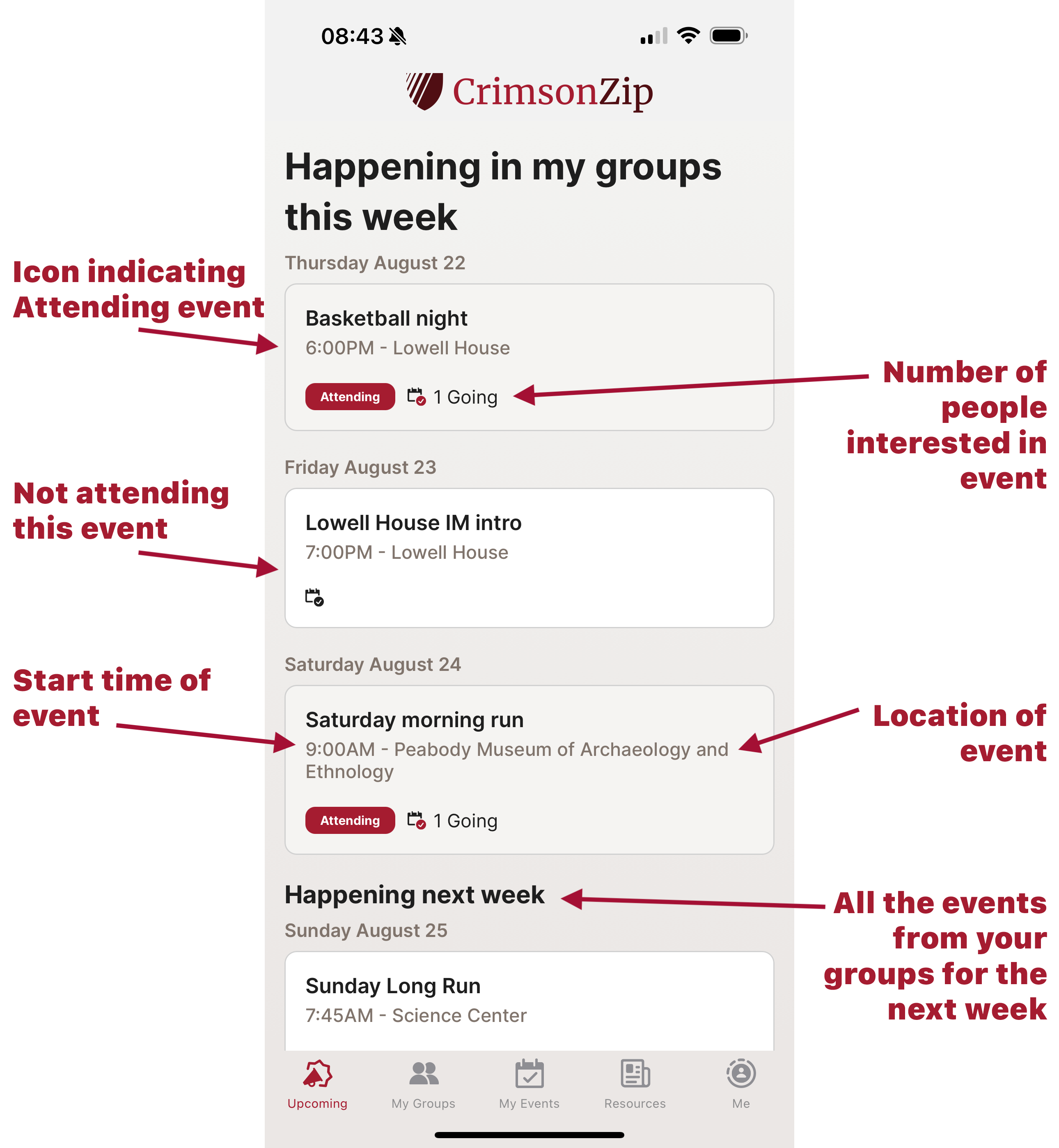 Screenshot of the happenings in my group this week page of CrimsonZip. Arrows and text indicate where to locate specific information for each event.