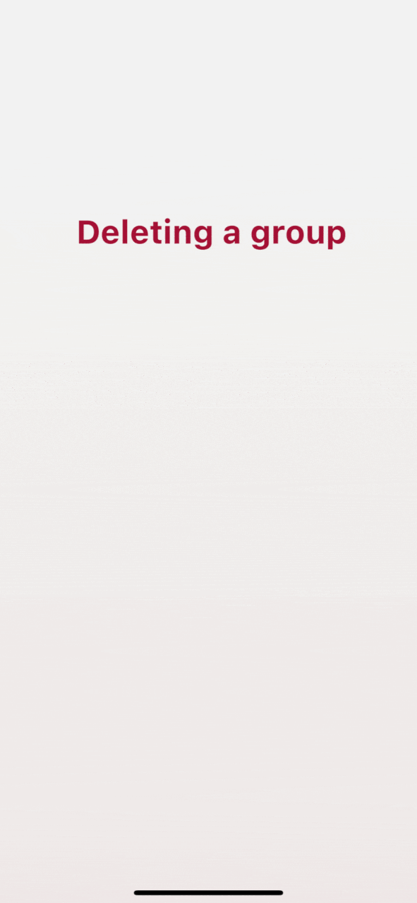 Walkthrough of screenshots showing how to delete a group